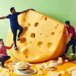 A giant human-sized block of cheese being eaten off a kitchen table by three tiny men