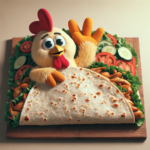 A chicken tucking himself into a tortilla and waving goodnight.