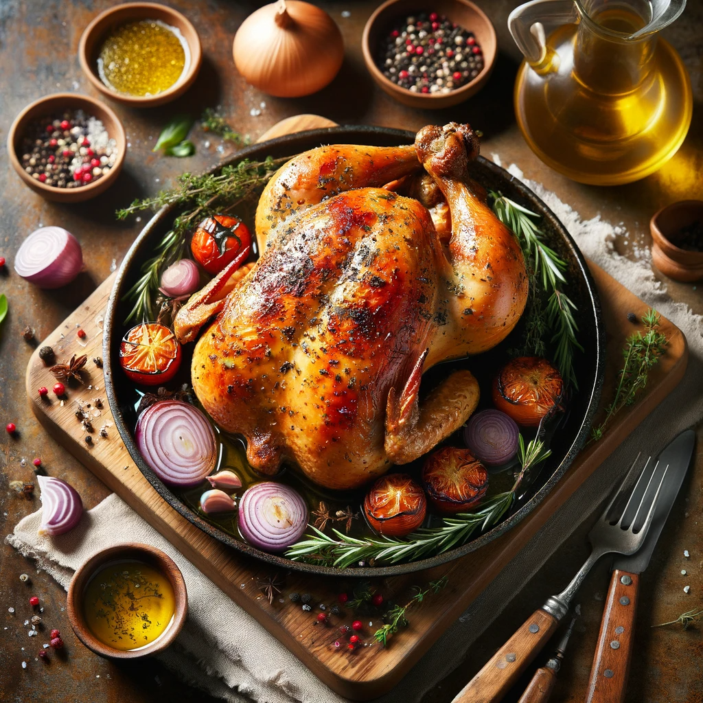 A whole roasted chicken.