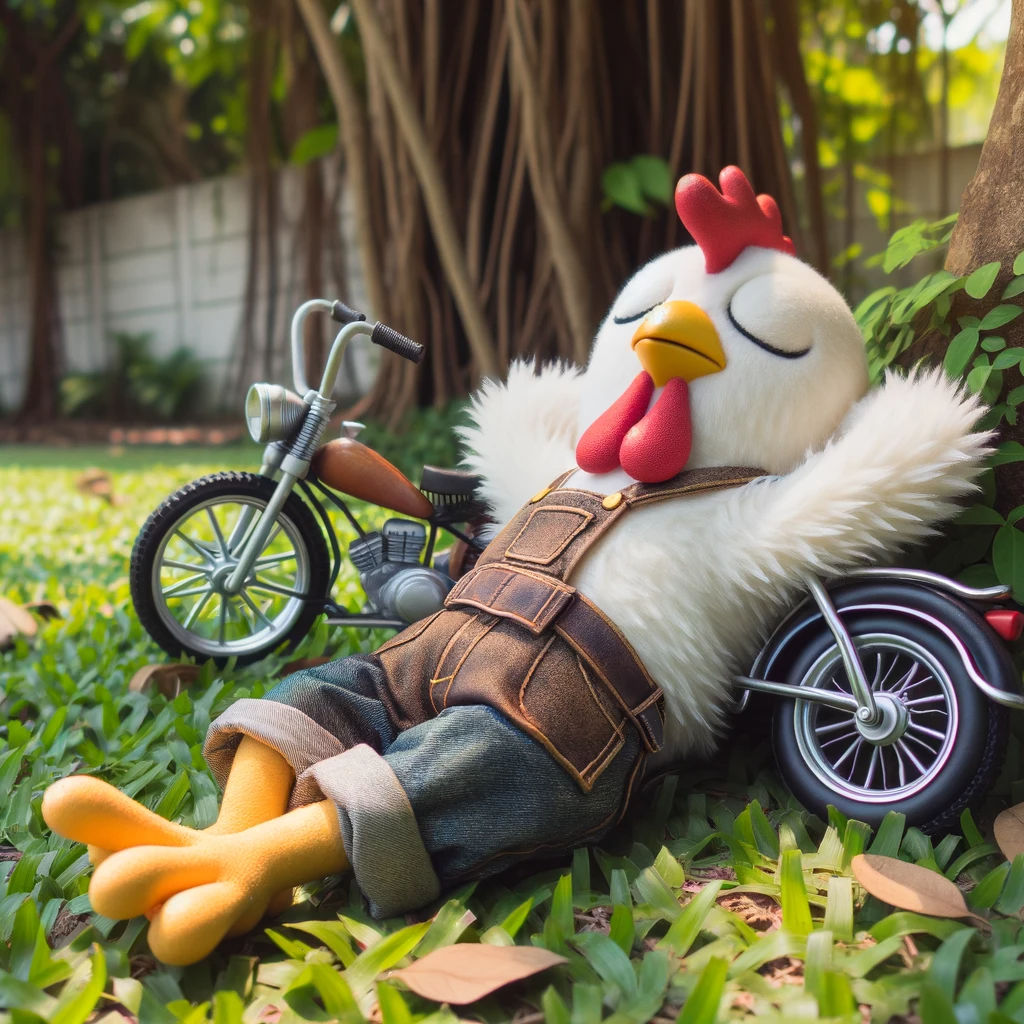 A little biker chicken taking a nap