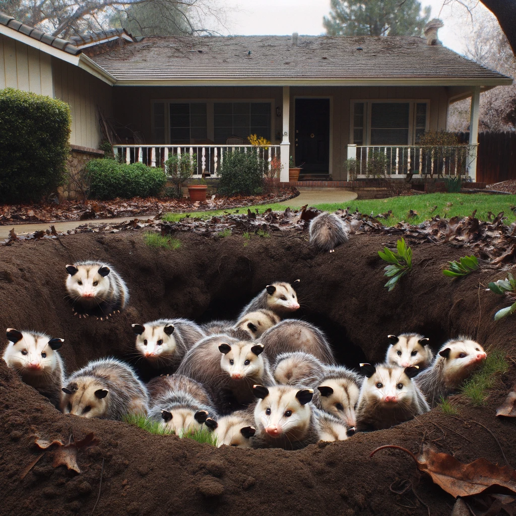 A pit in someone's front yard, full to the brim with opossums.